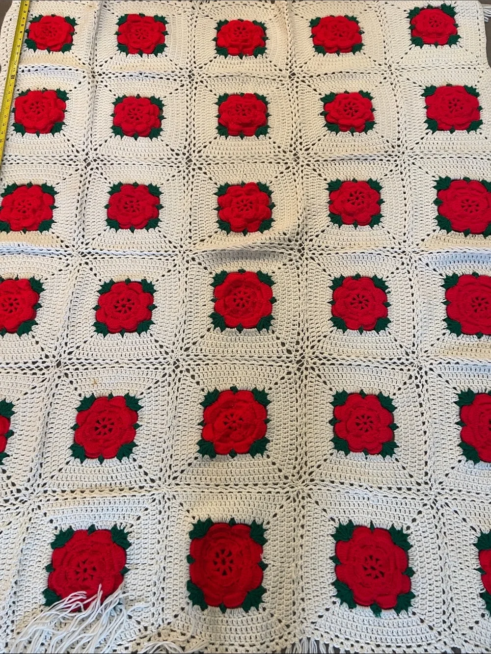 Vintage Granny Square 3D Rose Throw Blanket Afghan Cabbage Rose Christmas
